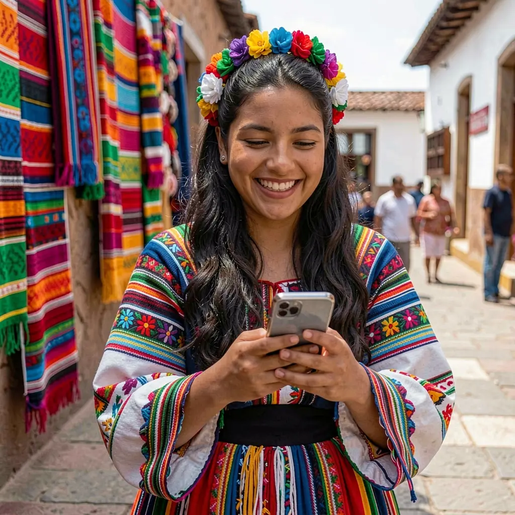 MXCASH App – A vibrant and enjoyable mobile casino experience for players in Mexico Joyful Mexican woman in traditional colorful clothing smiling while using the MXCASH mobile casino app on her smartphone
