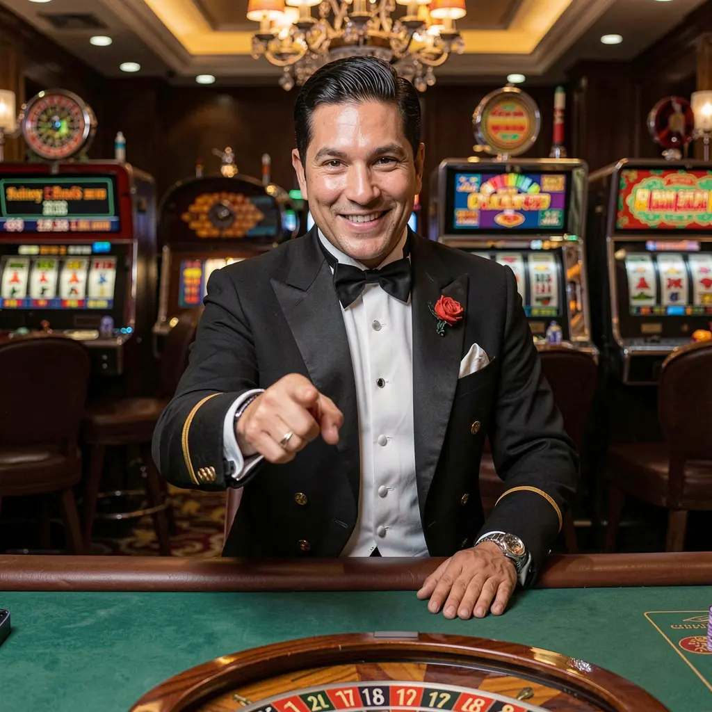 MXCASH Login – Enter the world of online casino games in Mexico Friendly MXCASH casino host smiling and pointing forward with a roulette wheel and slot machines behind him creating an inviting login scene for players in Mexico
